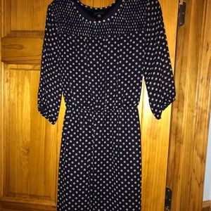 3/4 navy dress with grey polka dots